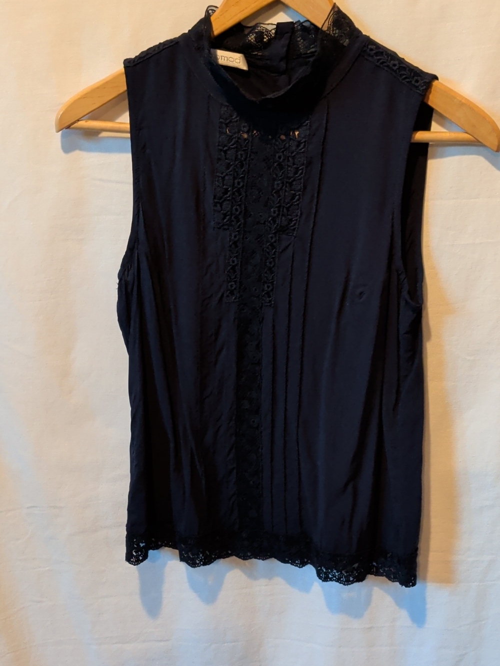 Promod Navy Sleeveless Lace-Trim High Neck Blouse